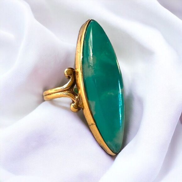 REAL 10k Yellow Gold ANTIQUE Green Agate Ring Sz 6 Victorian Navette Chrysoprase - Picture 6 of 16